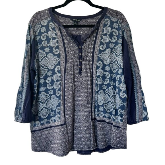 Women's Lucky Brand Blue Patterned Boho 3/4 Length Sleeve Top Size Large - Picture 1 of 3